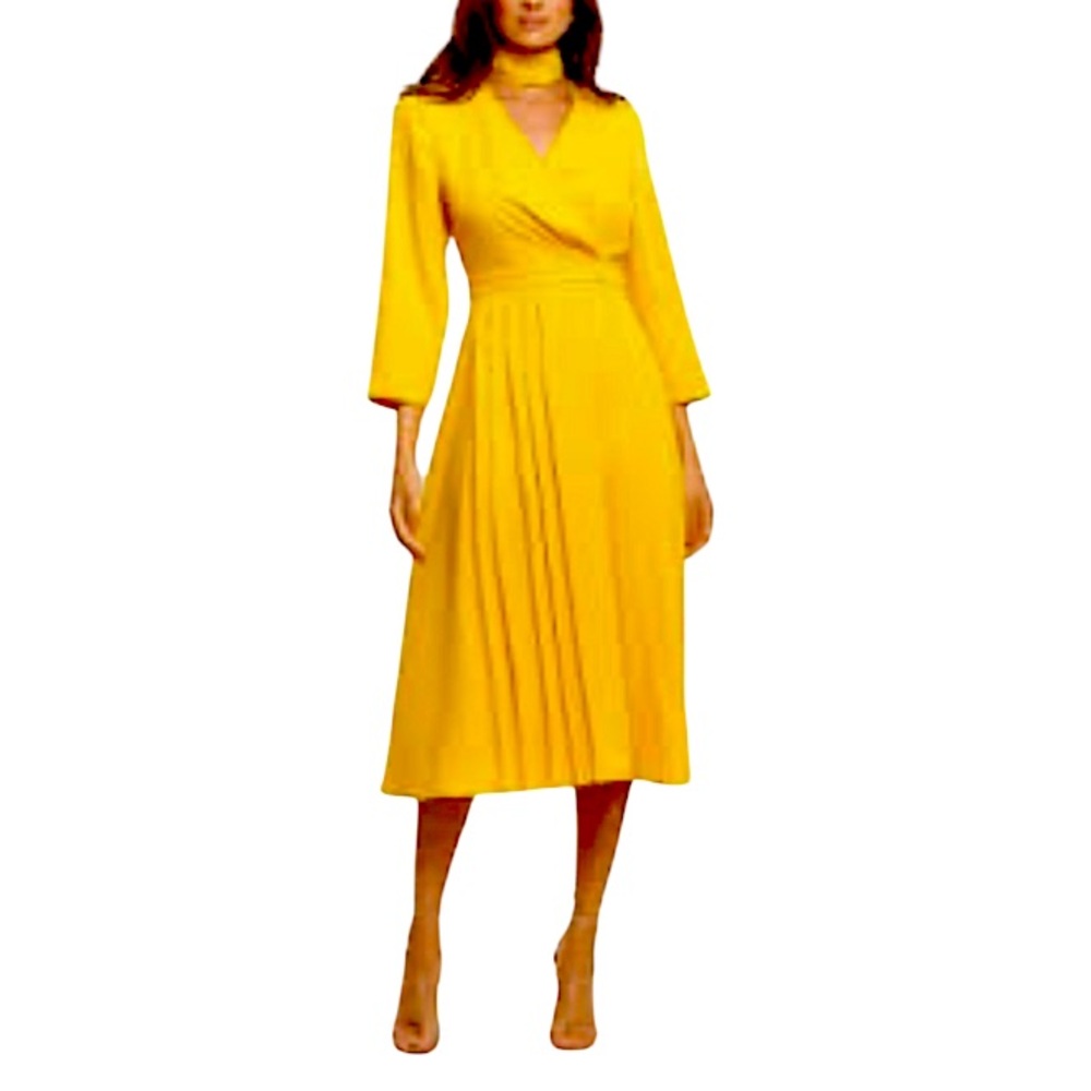 NWOT Ted Baker VNeck Yellow Pleated Mid Dress with Bow Detail Size 3
